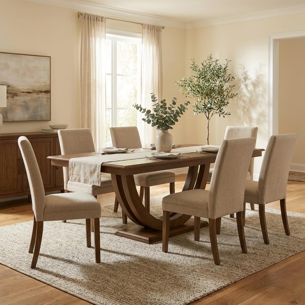 Elegant dining room with wooden table, beige chairs, and a leafy plant centerpiece.
