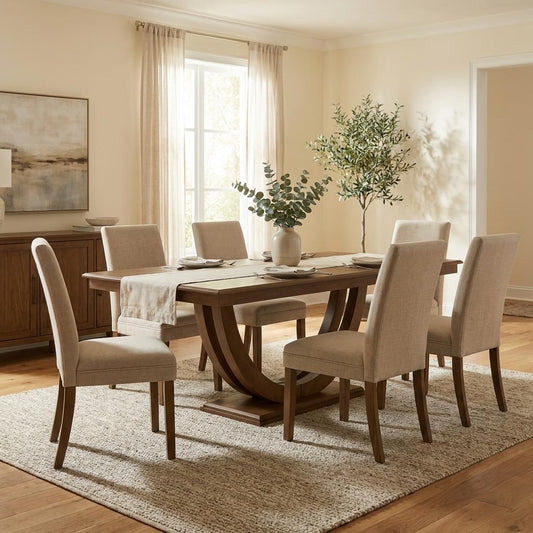 Elegant dining room with wooden table, beige chairs, and a leafy plant centerpiece.