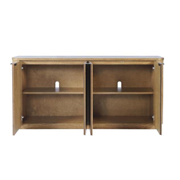 Wooden cabinet with double doors open, revealing shelves inside.