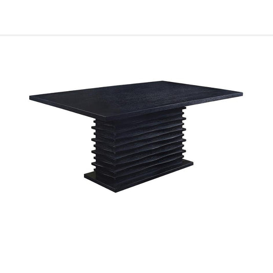 Modern black table with a ribbed central column.