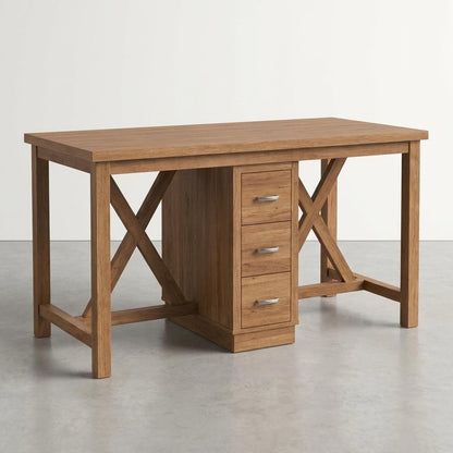 Wooden desk with three drawers and cross-brace legs.