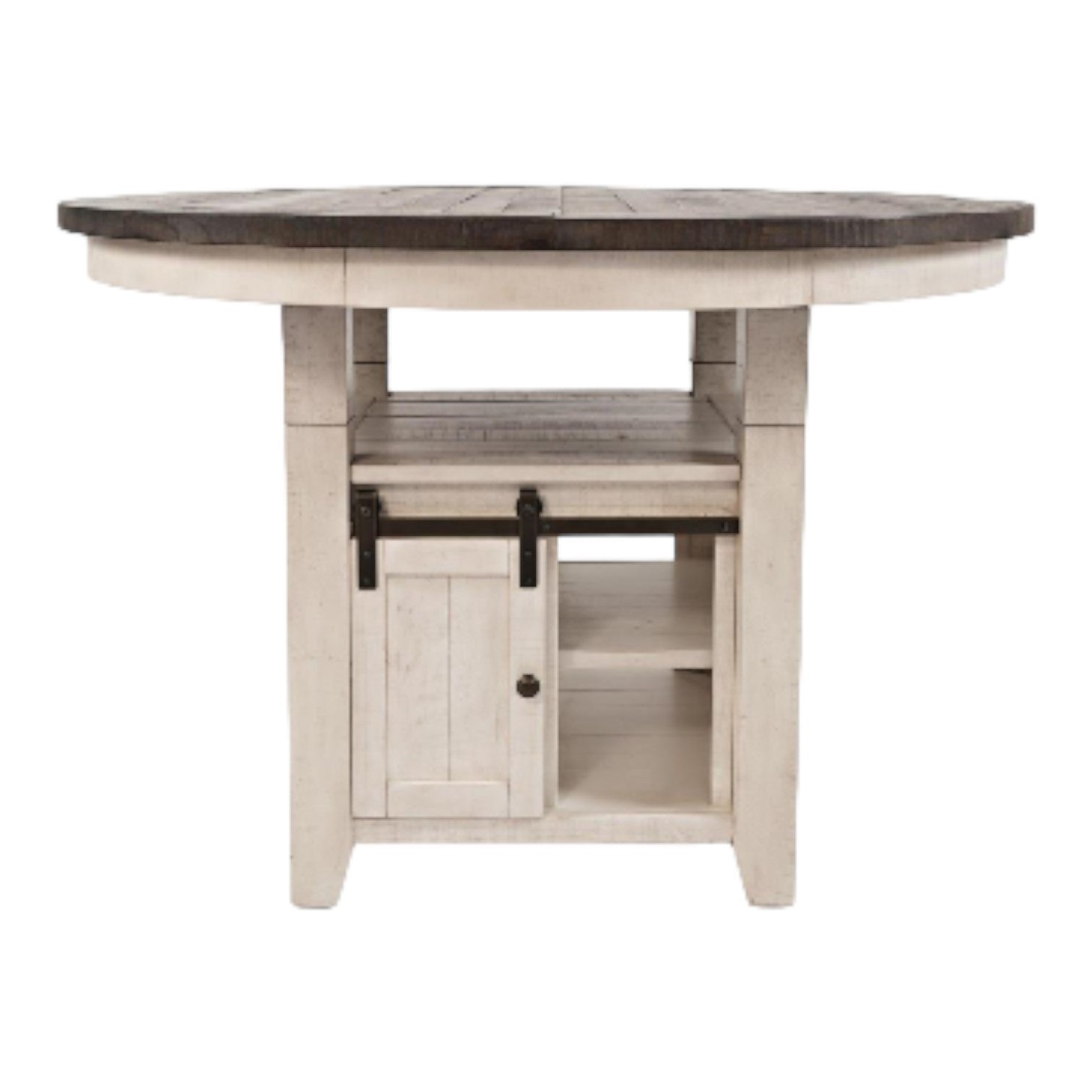 Round wooden table with a storage cabinet underneath.