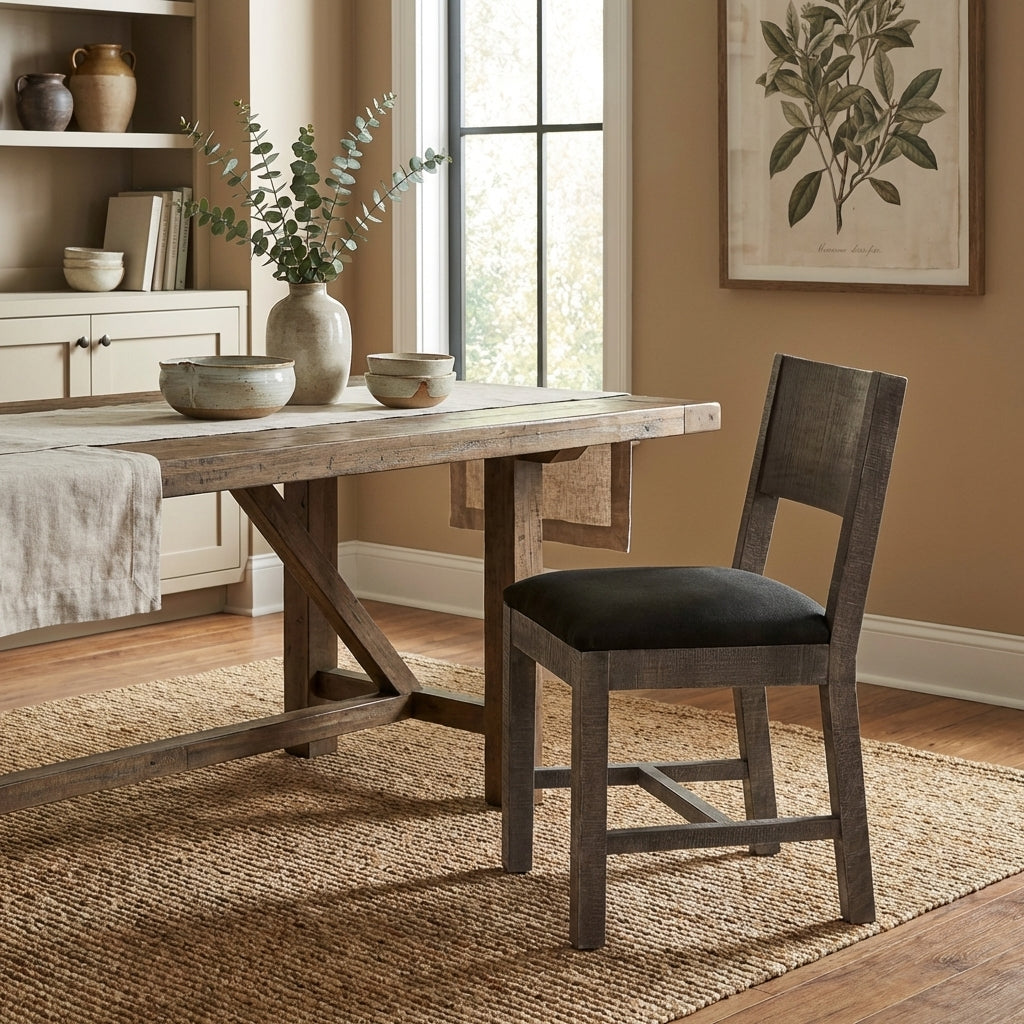 Wooden chair with a black cushioned seat and a simple backrest.