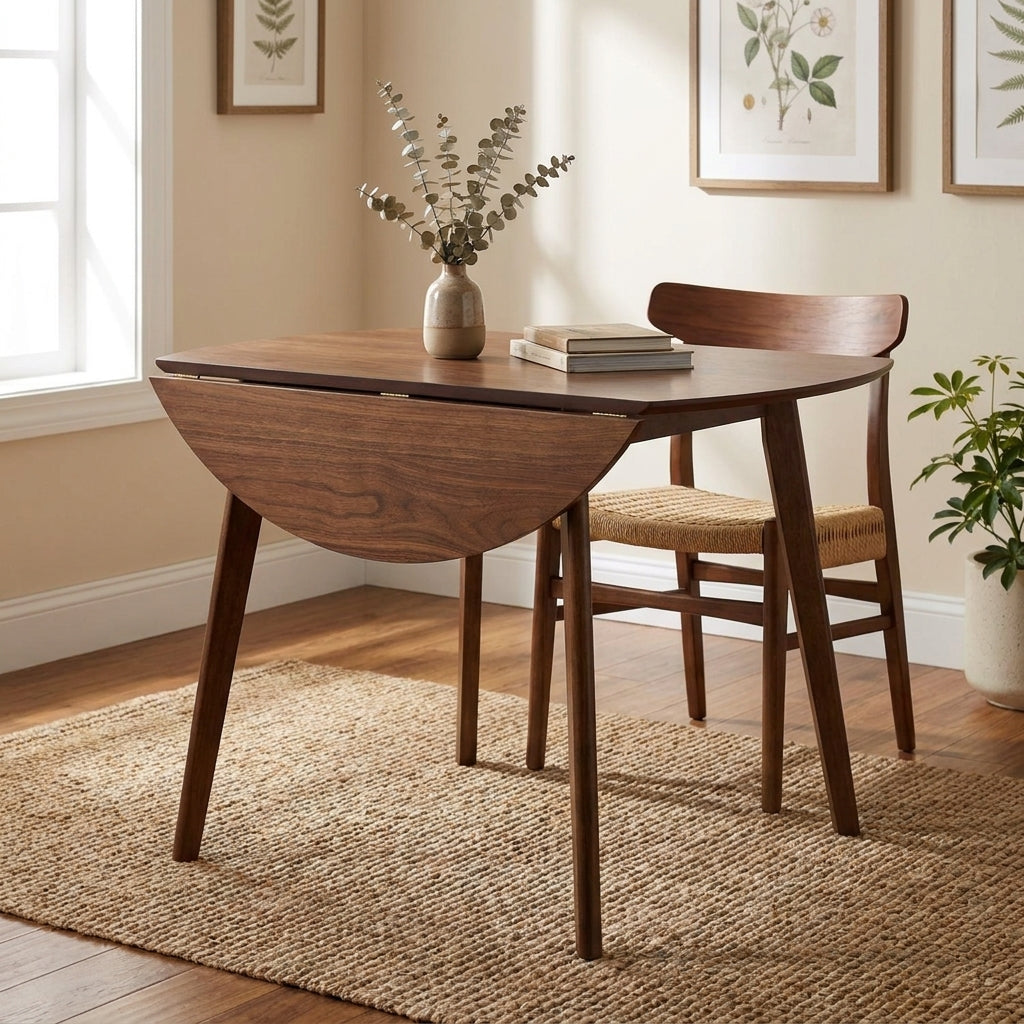 Wooden table and chair with decor in a bright room.