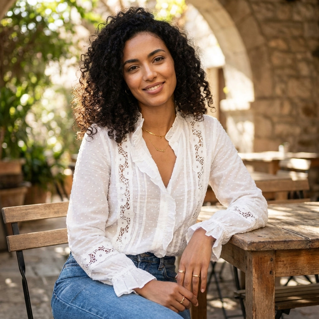 Woman in white blouse sitting at a wooden table outdoors, with lush greenery behind.