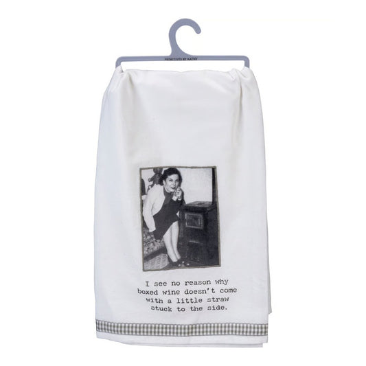 Vintage-styled tea towel with humorous boxed wine quote.