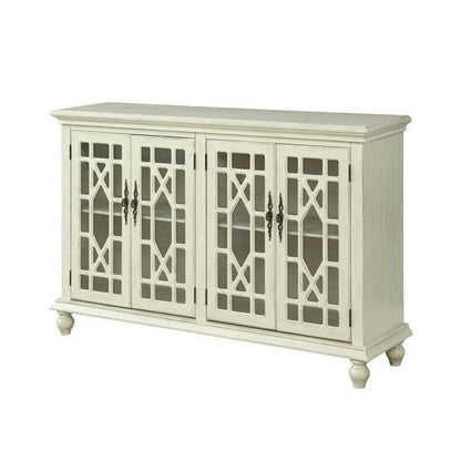 Vintage white sideboard with glass paneled doors.