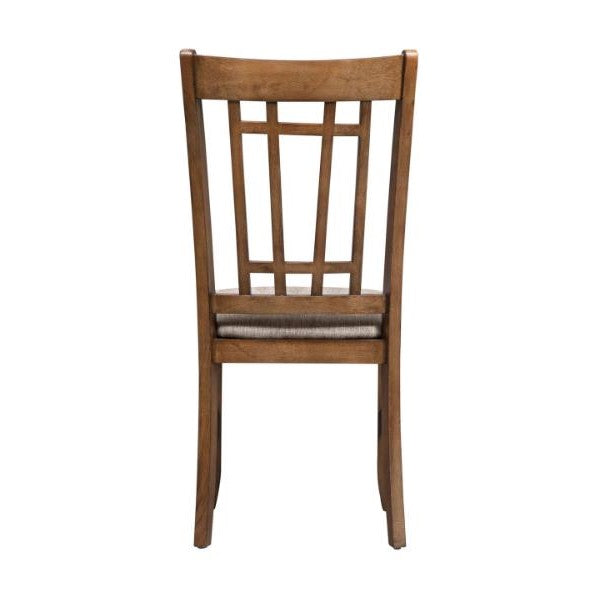 Wooden chair with lattice backrest and padded seat, viewed from behind.
