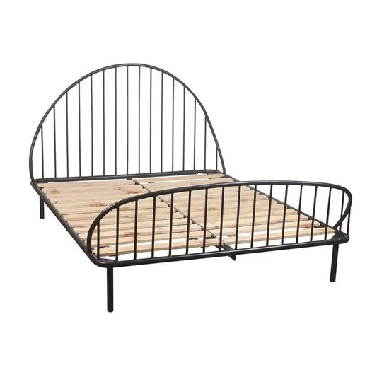 Black metal bed frame with arched headboard and wooden slat base.