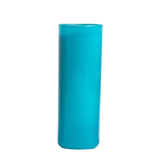Tall blue glass candle holder, simple and elegant design.