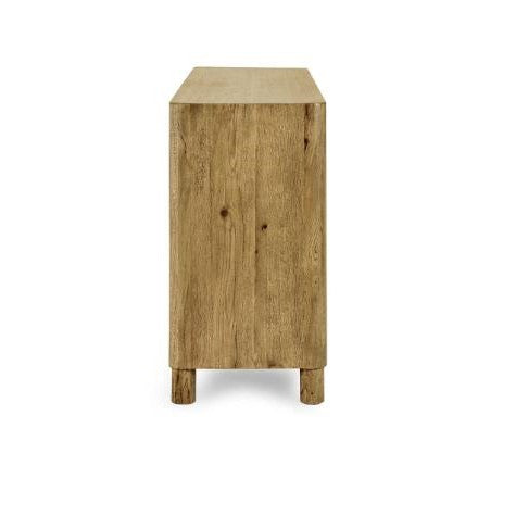 Side view of a wooden table with a natural finish and visible wood grain.
