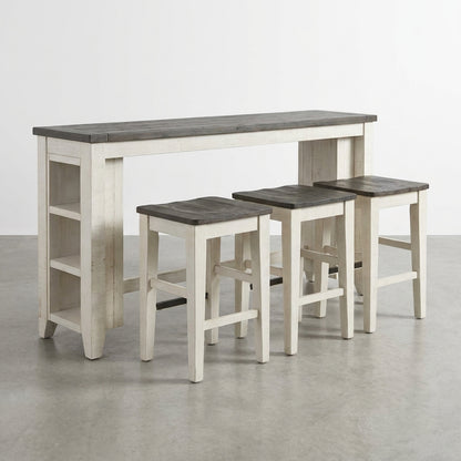 White bar table with three matching stools.