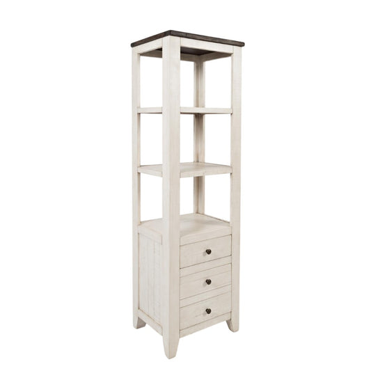 Tall white shelving unit with three drawers and open shelves.