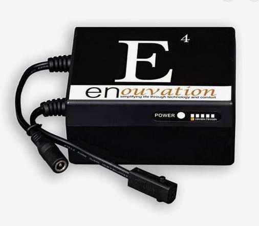 Black "Enouvation" power pack with attached cables.