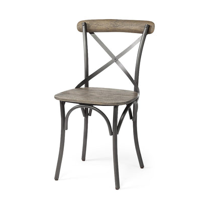 Rustic metal chair with wooden backrest and seat, featuring a cross-back design.