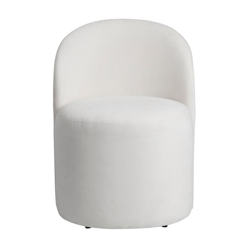 White, rounded-back chair with a minimalist design.