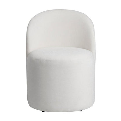 White, rounded-back chair with a minimalist design.