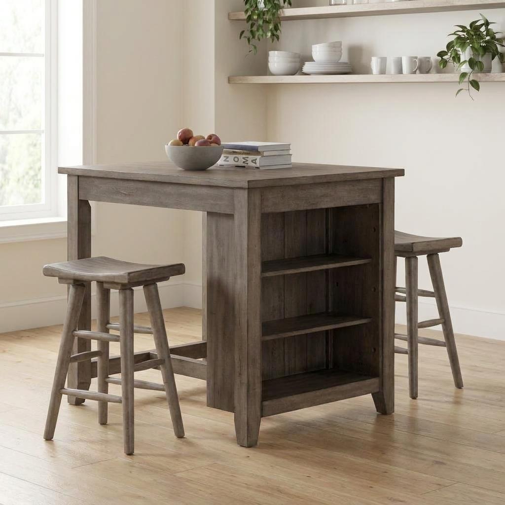 Wooden dining set with stools, shelves, and a bowl of fruit.