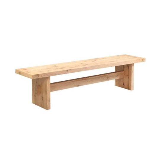Wooden bench with a minimalist design, featuring a sturdy rectangular structure.