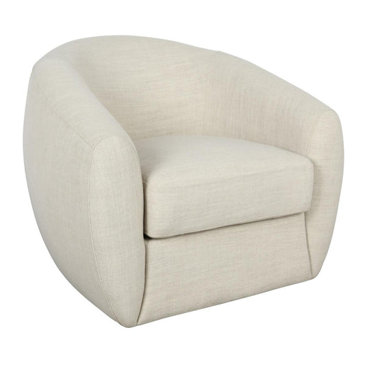 Beige modern swivel chair with rounded design.