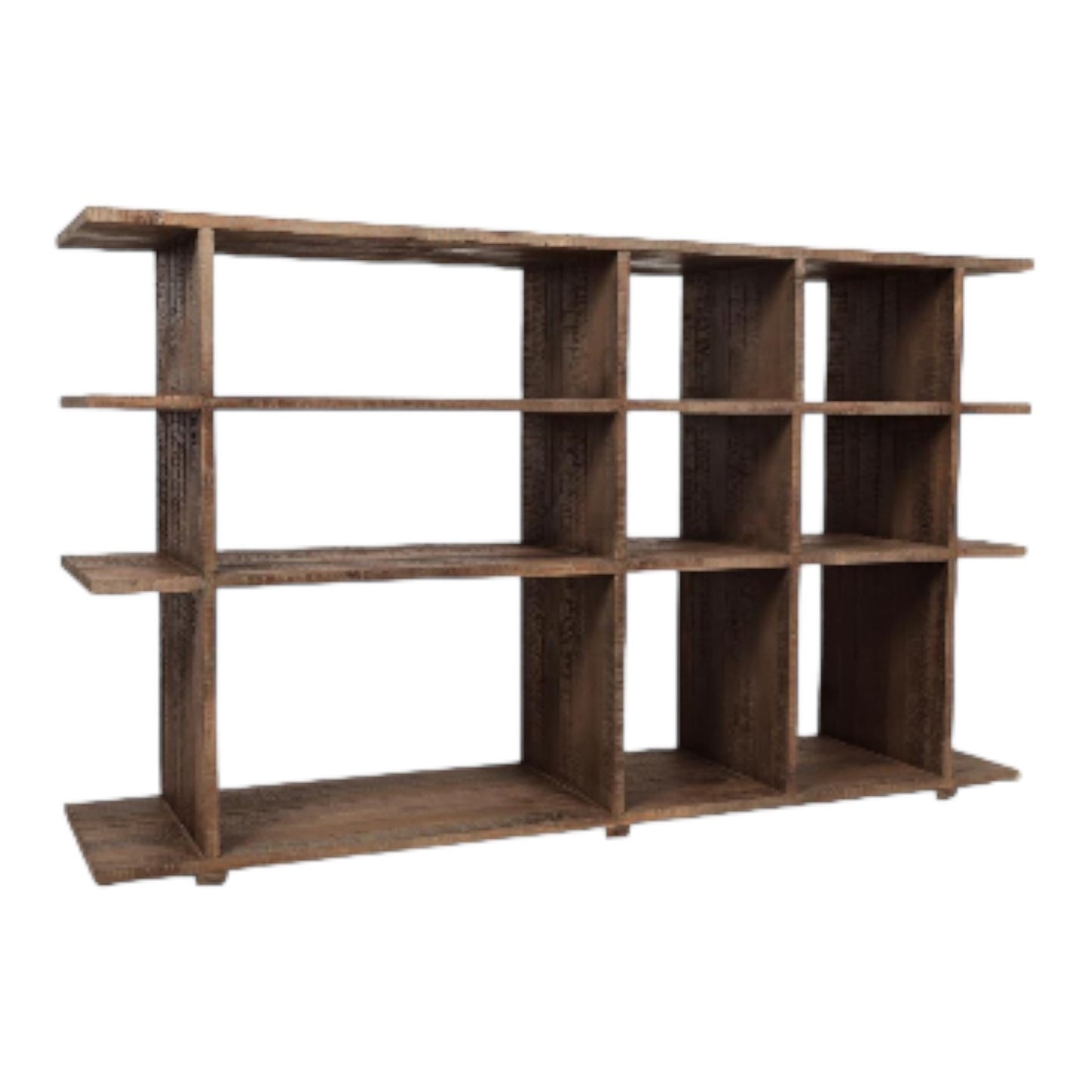 Wooden shelf with multiple square compartments.