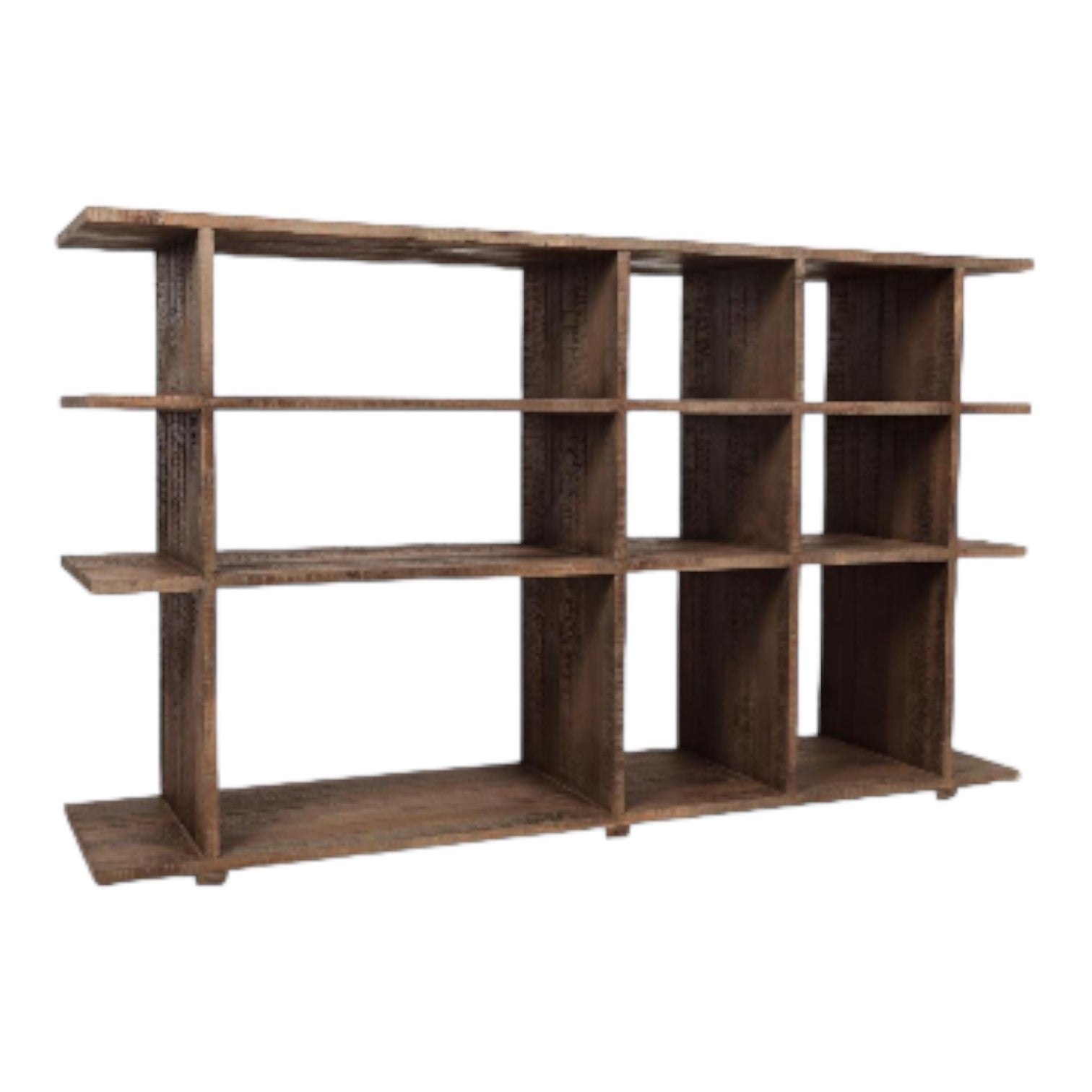 Wooden shelf with multiple square compartments.