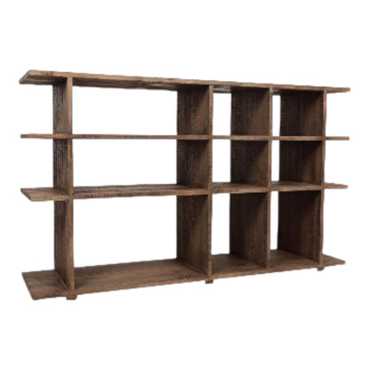 Wooden shelf with multiple square compartments.