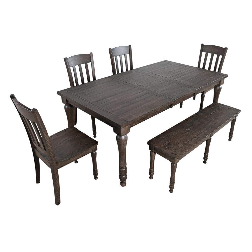 Dark wooden dining set with 4 chairs and a bench.