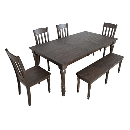 Dark wooden dining set with 4 chairs and a bench.