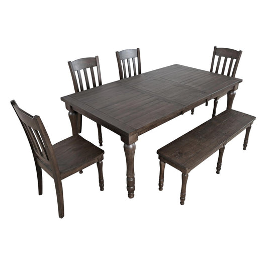 Dark wooden dining set with 4 chairs and a bench.