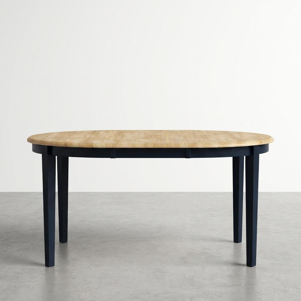Oval table with wooden top and dark blue legs.