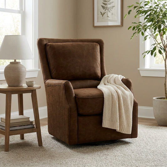 A cozy brown armchair with a cream knit blanket sits in a sunlit living room.