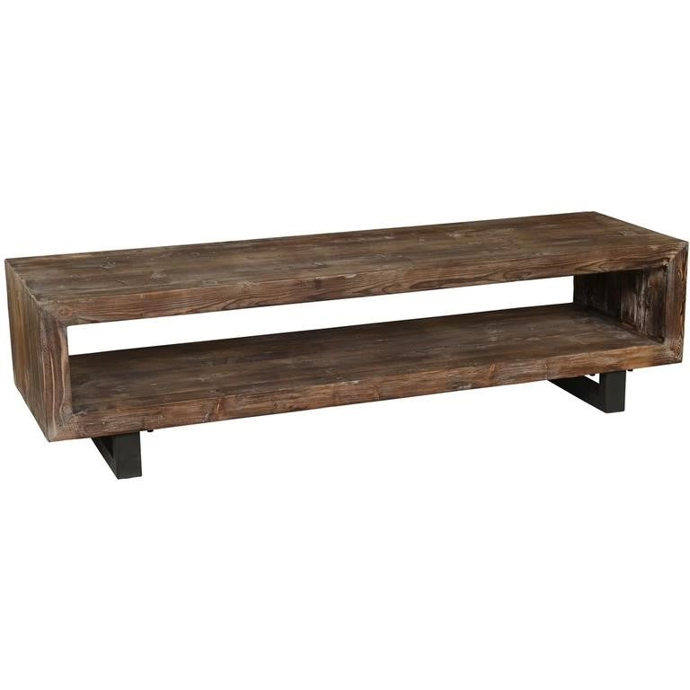 Modern wooden bench with a rectangular open shelf design.
