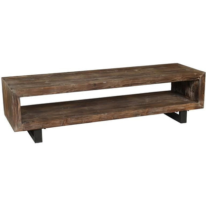Modern wooden bench with a rectangular open shelf design.