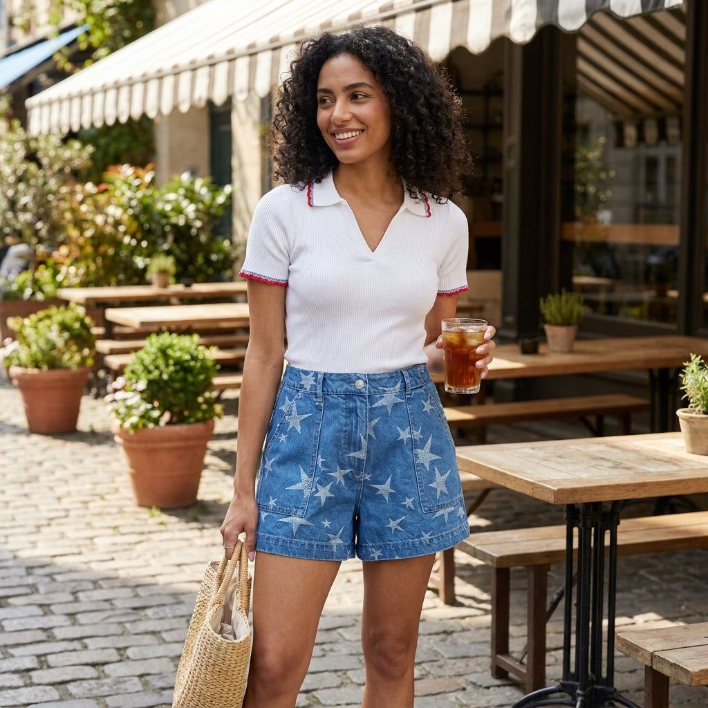 Smiling woman with iced drink, wearing starry denim shorts and a white top on a sunny day.