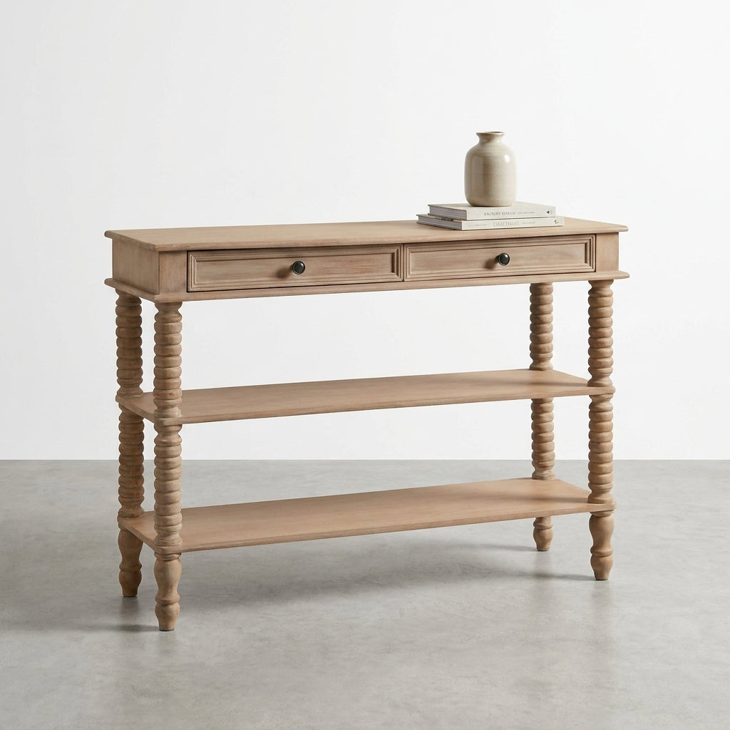 Wooden console table with two drawers and a vase on top.