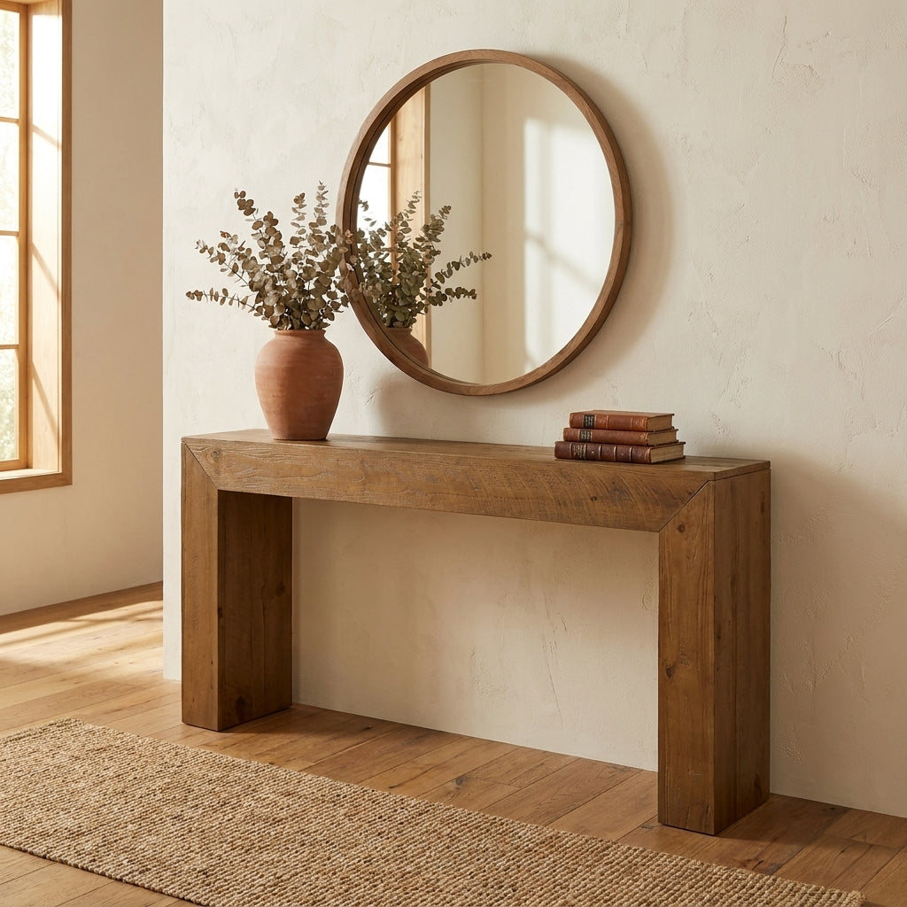 Round mirror, wooden table, vase with branches, stacked books. Minimalist decor.