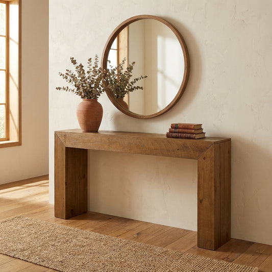 Round mirror, wooden table, vase with branches, stacked books. Minimalist decor.