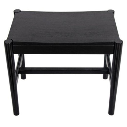 Black wooden stool with cylindrical legs and a rectangular seat.