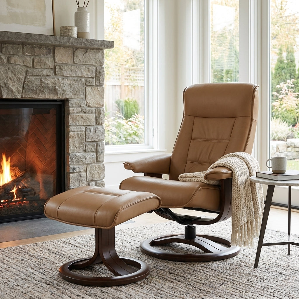 Beige leather recliner with a matching ottoman on wooden bases.