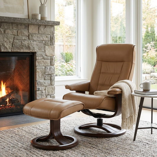 Beige leather recliner with a matching ottoman on wooden bases.