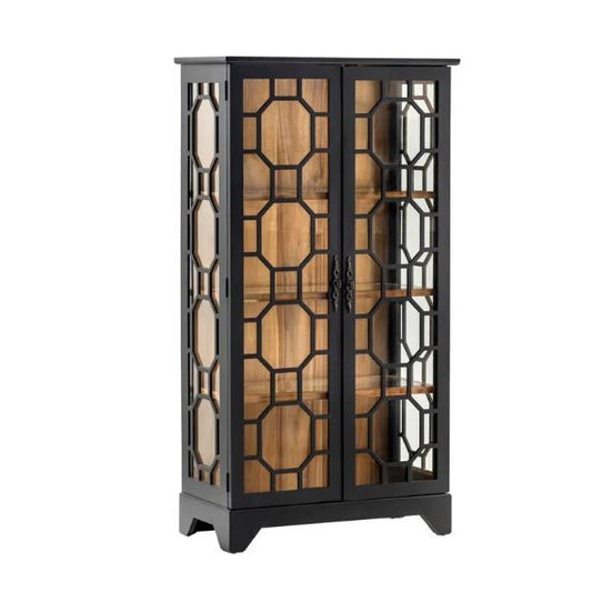 Black cabinet with glass doors and geometric patterns.