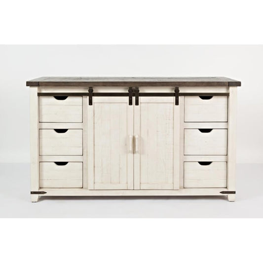 White and gray sideboard with sliding barn doors and drawers.