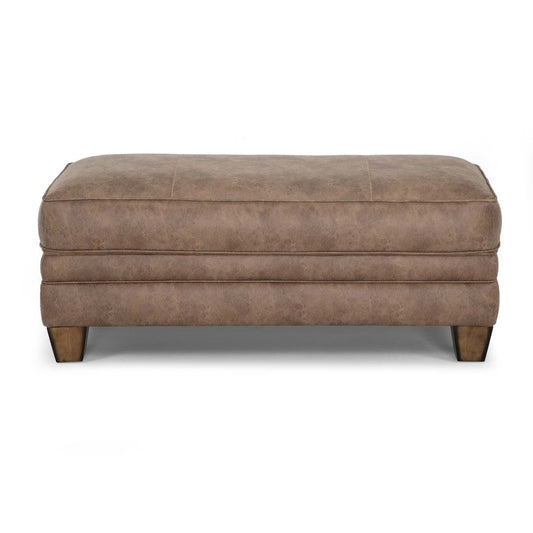 Brown leather ottoman with wooden legs.