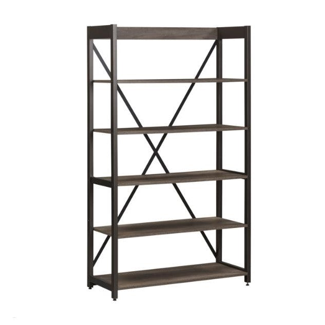 Tall metal shelf unit with five wooden shelves and cross-brace support.