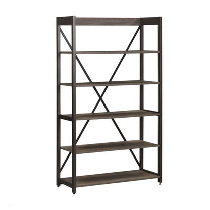Tall metal shelf unit with five wooden shelves and cross-brace support.