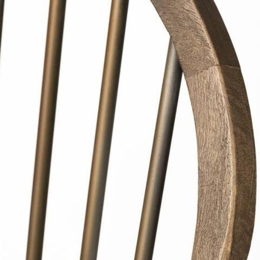 Close-up of a wooden chair with vertical slats.