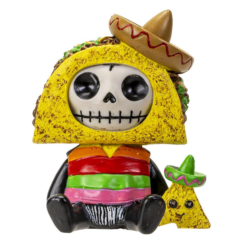 Skeleton taco figure with sombrero and colorful outfit.