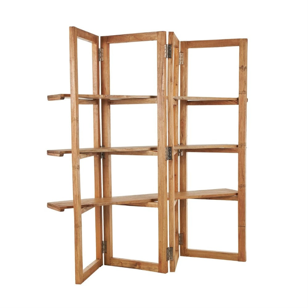 Wooden foldable shelf with multiple tiers and metal hinges.