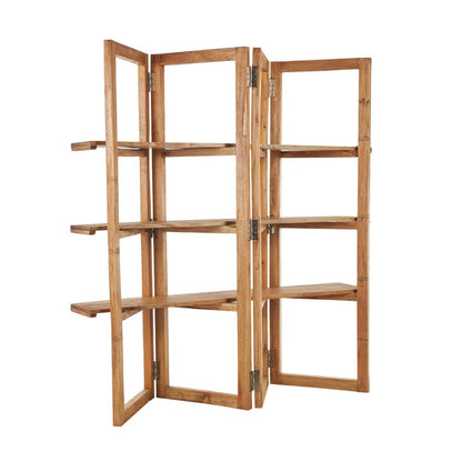 Wooden foldable shelf with multiple tiers and metal hinges.